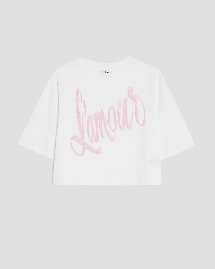 Girls White L'amour Ribbon Crop Top