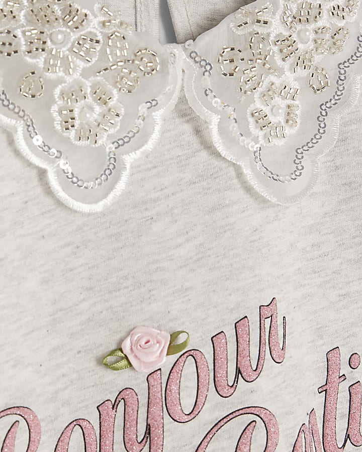 Girls Grey Embellished Collar T-Shirt