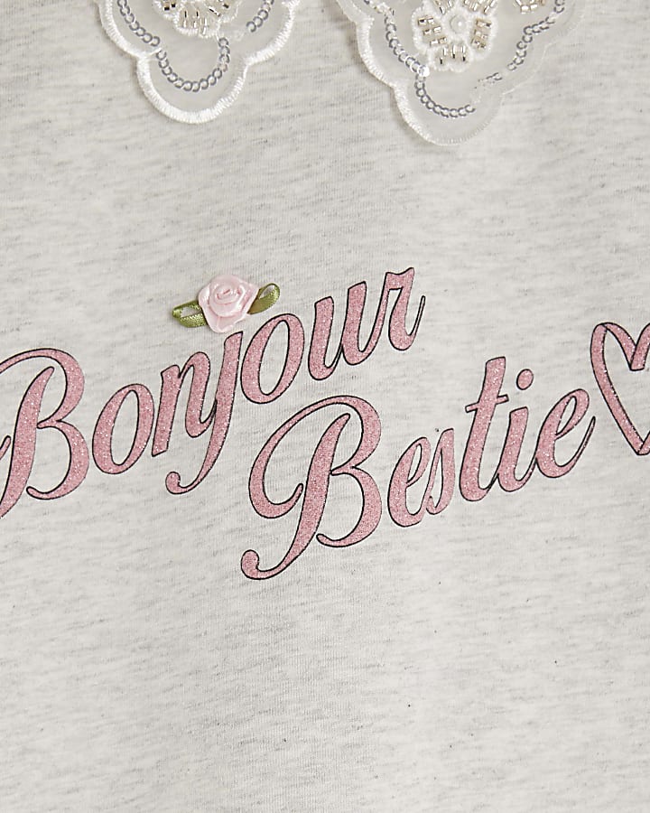Girls Grey Embellished Collar T-Shirt