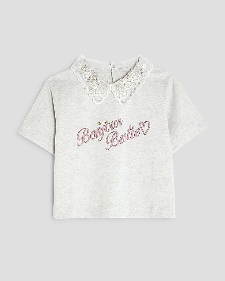 Girls Grey Embellished Collar T-Shirt