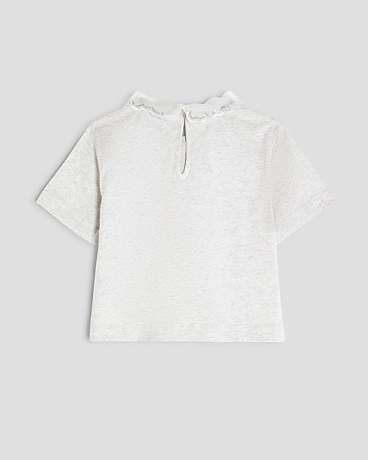 Girls Grey Embellished Collar T-Shirt