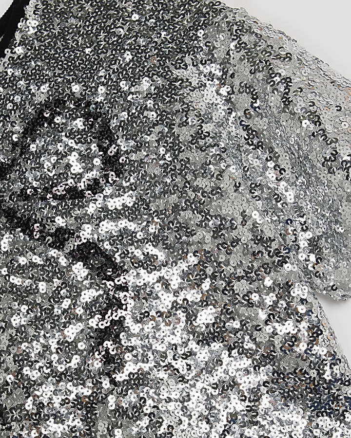 Girls Silver Sequin Bow Cropped Top