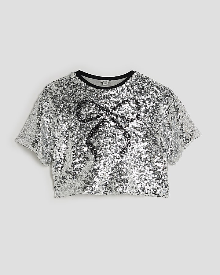 Girls Silver Sequin Bow Cropped Top