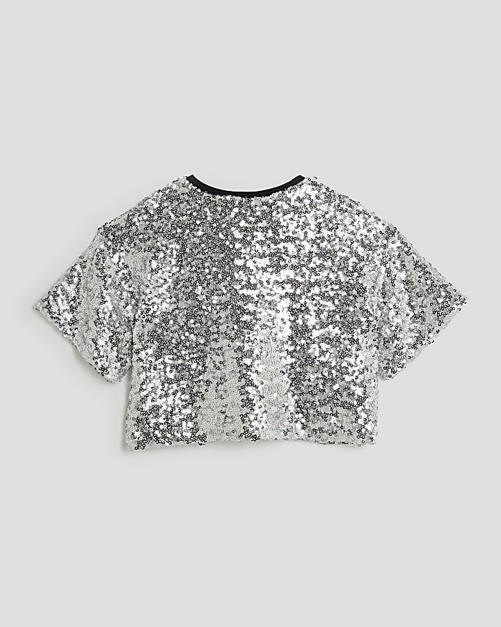 Girls Silver Sequin Bow Cropped Top