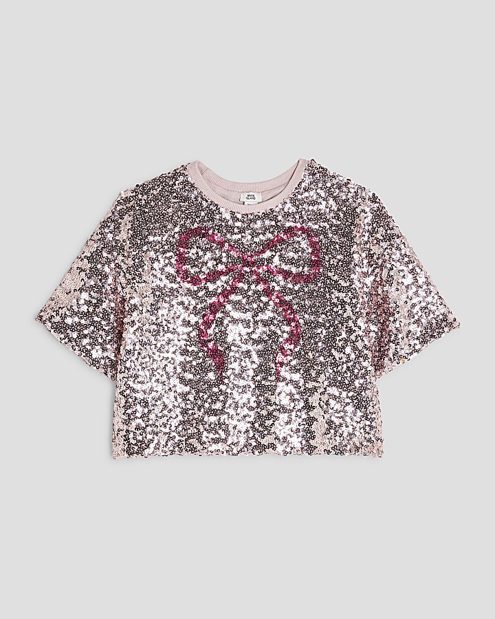 Girls Pink Sequin Bow T-Shirt