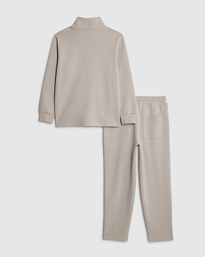 Boys Beige Zip Funnel Neck Top Set
