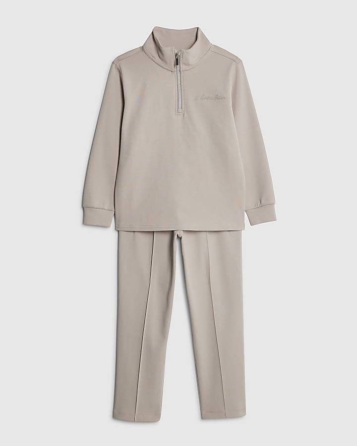 Boys Beige Zip Funnel Neck Top Set
