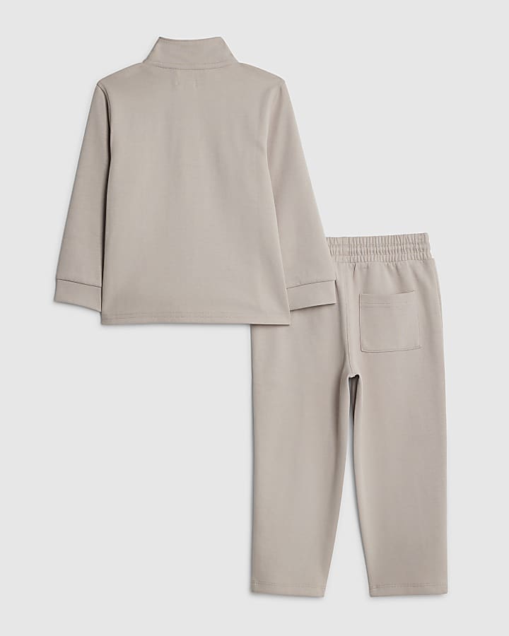 Mini Boys Beige Zip Funnel Neck Top Set