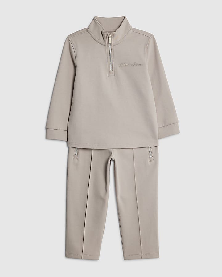 Mini Boys Beige Zip Funnel Neck Top Set