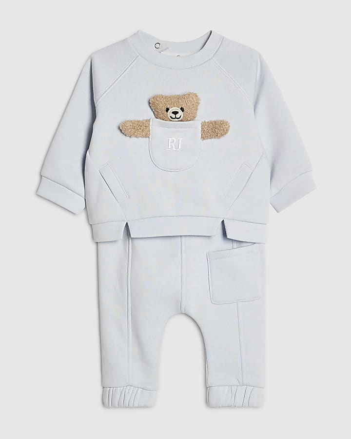 Baby Boys Blue Bear Pocket Sweatshirt Set