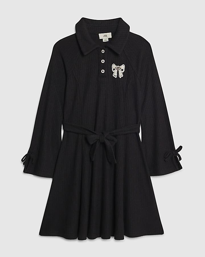 Girls Black Belted Shirt Dress