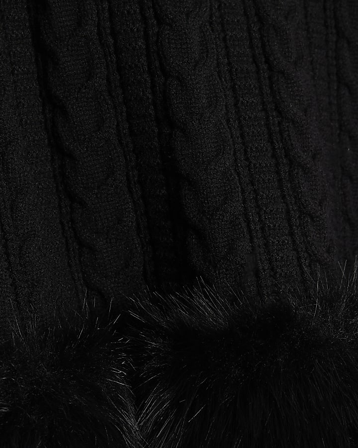 Girls Black Knitted Fur Trim Cape