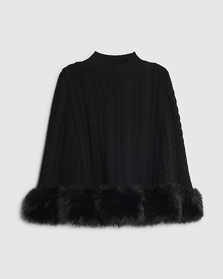 Girls Black Knitted Fur Trim Cape