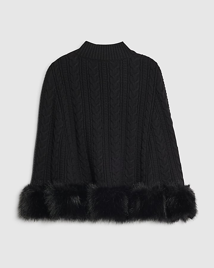 Girls Black Knitted Fur Trim Cape