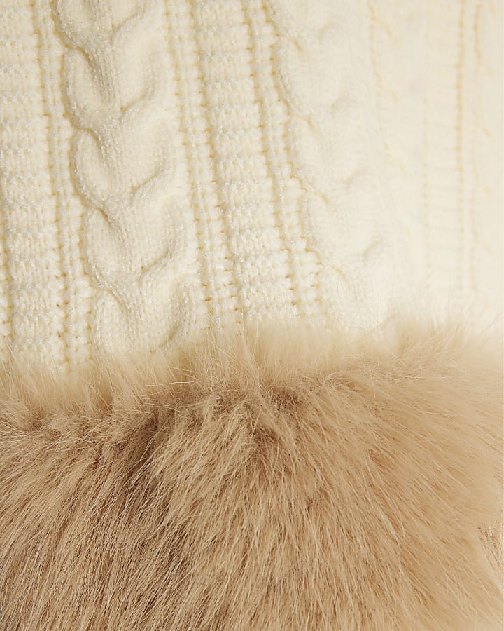 Girls Cream Knitted Fur Trim Cape