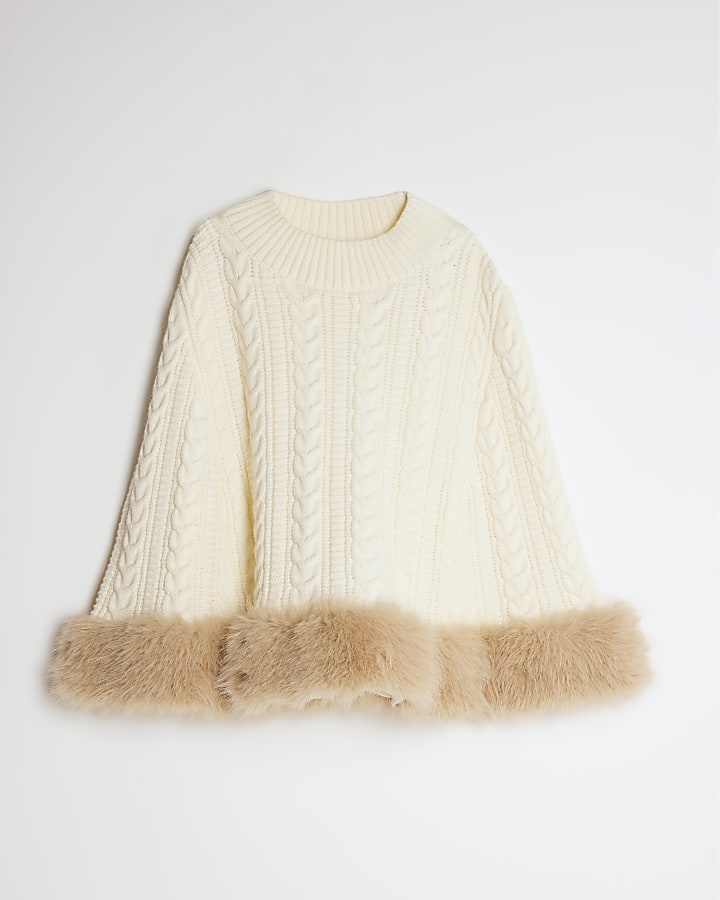 Girls Cream Knitted Fur Trim Cape