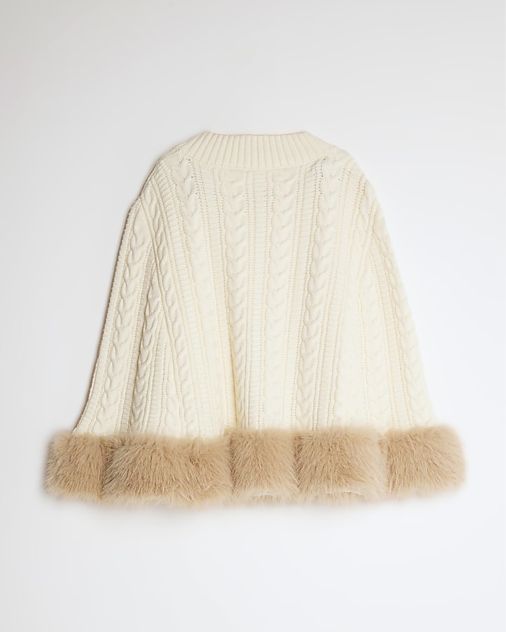 Girls Cream Knitted Fur Trim Cape