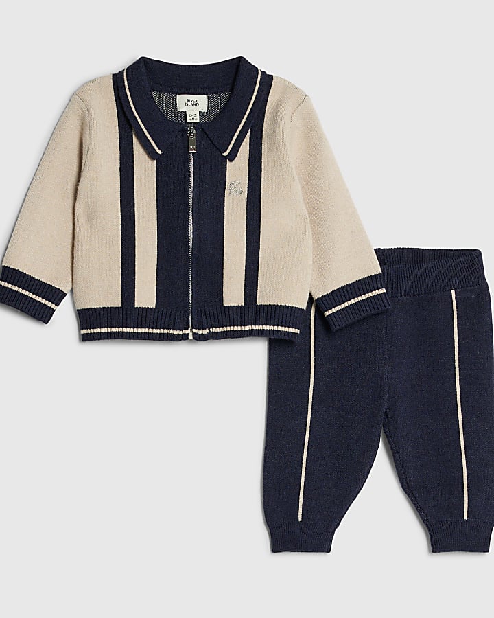 Baby Boys Cream Blocked Zip Through Knit Set