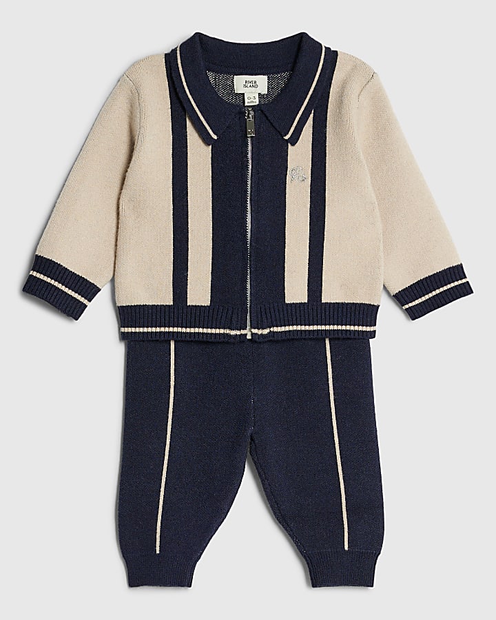 Baby Boys Cream Blocked Zip Through Knit Set