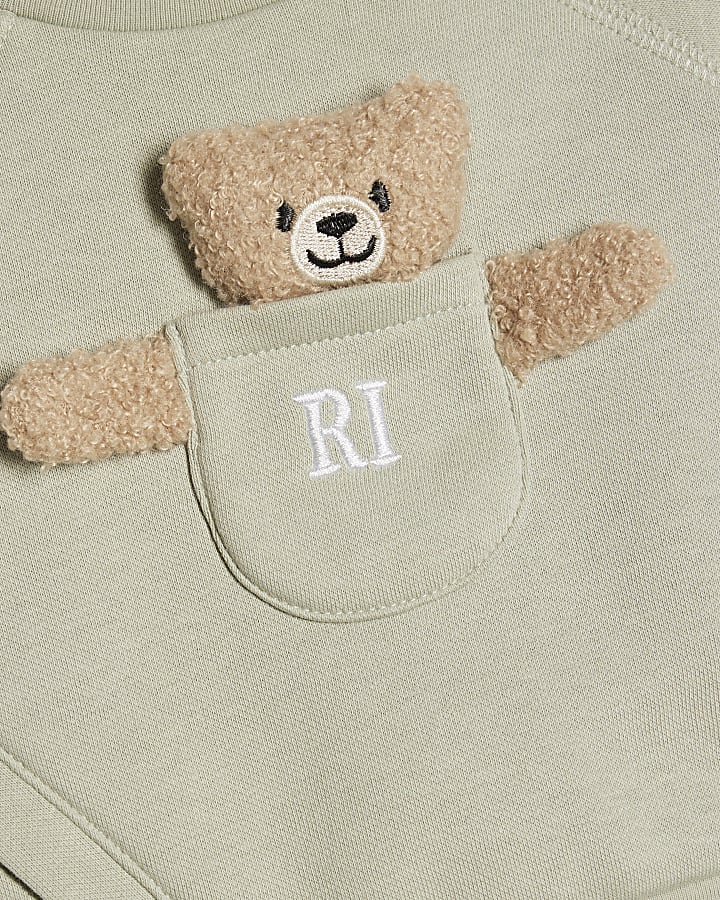 Baby Boys Khaki Bear Pocket Sweatshirt Set