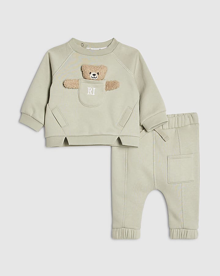 Baby Boys Khaki Bear Pocket Sweatshirt Set
