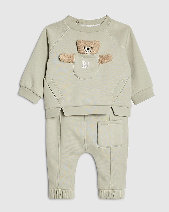 Baby Boys Khaki Bear Pocket Sweatshirt Set