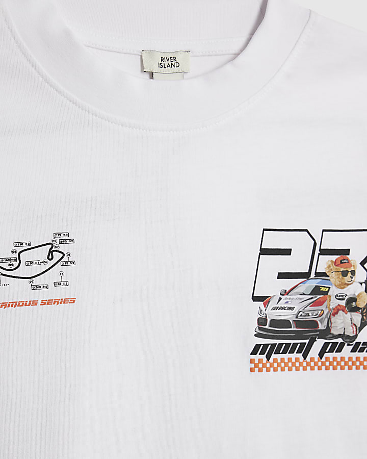 Boys White Motocross Bear Car T-Shirt