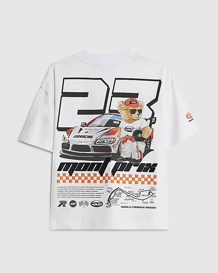 Boys White Motocross Bear Car T-Shirt