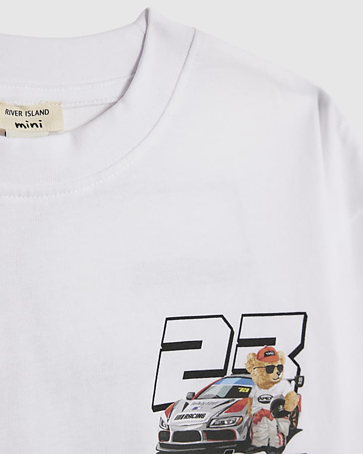 Mini Boys White Motocross Bear Car T-Shirt