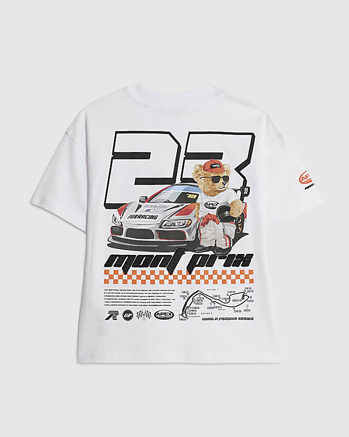 Mini Boys White Motocross Bear Car T-Shirt