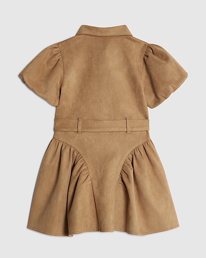 Mini Girls Brown Faux Suede Skater Dress