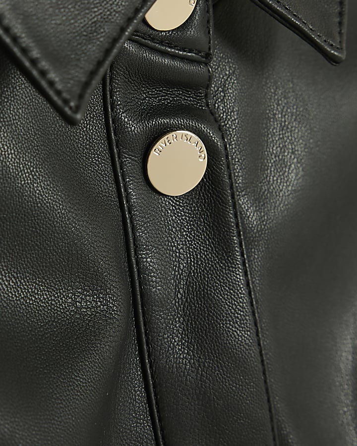 Mini Girls Black Faux Leather Shirt Dress