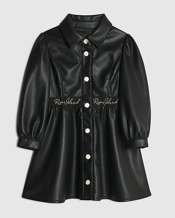 Mini Girls Black Faux Leather Shirt Dress
