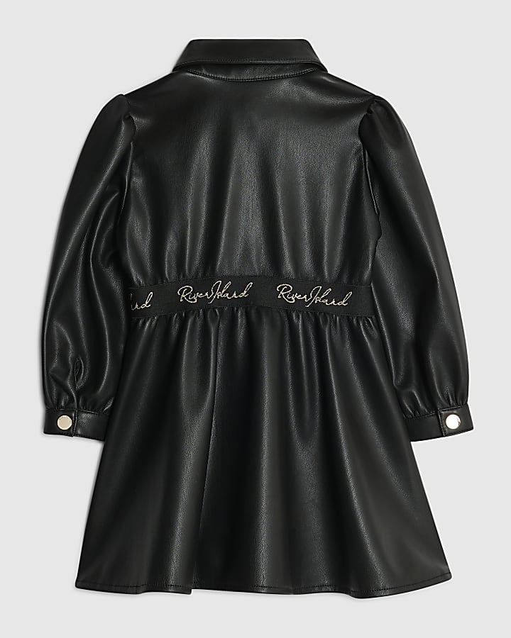 Mini Girls Black Faux Leather Shirt Dress