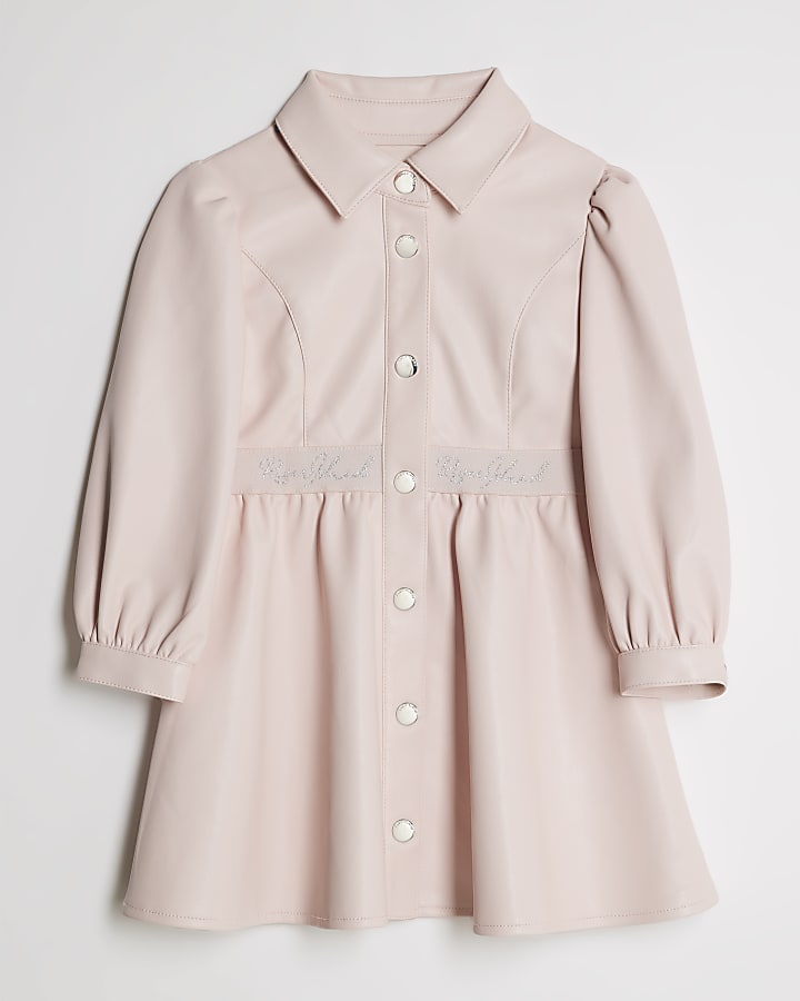 Mini Girls Pink Faux Leather Shirt Dress