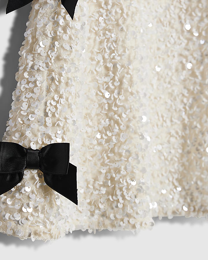 Mini Girls White Sequin Bow Dress