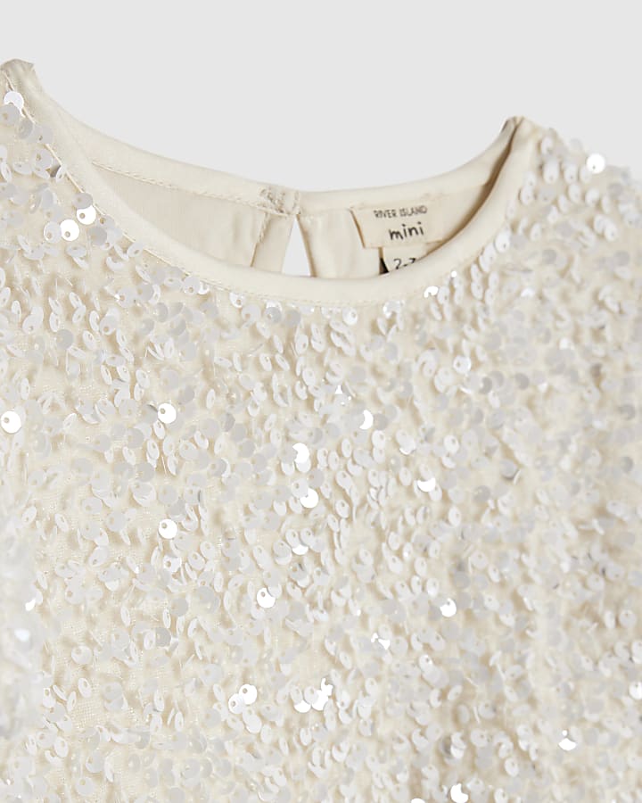Mini Girls White Sequin Bow Dress