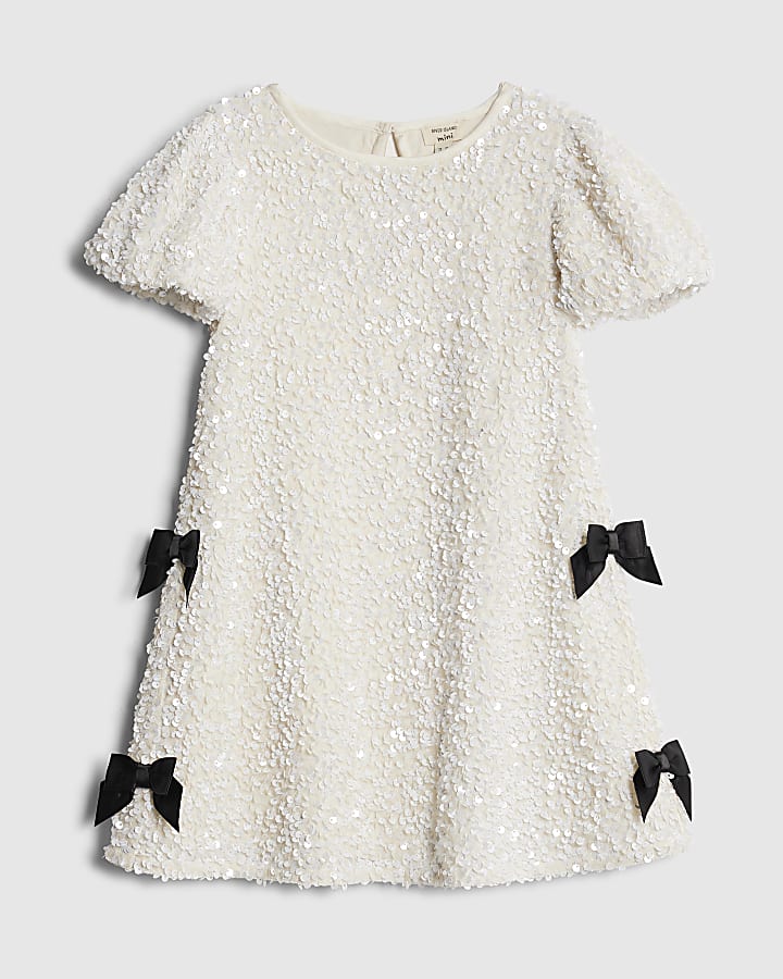 Mini Girls White Sequin Bow Dress