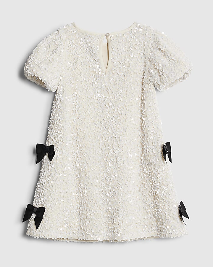 Mini Girls White Sequin Bow Dress