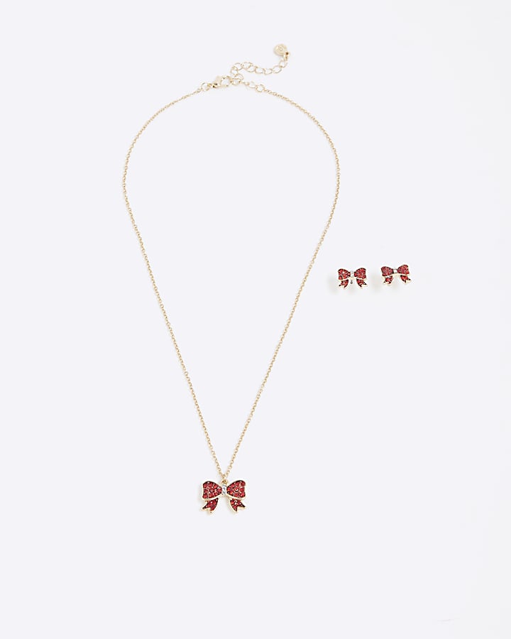 Girls Red Rhinestone Bow Necklace Set