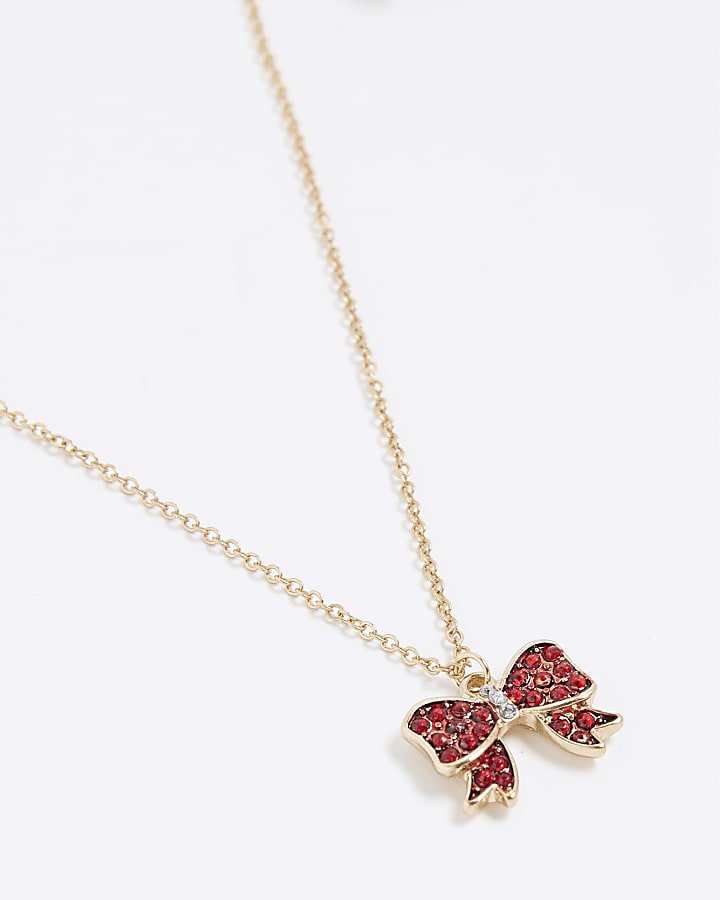 Girls Red Rhinestone Bow Necklace Set