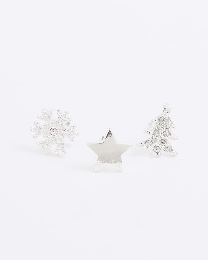 Girls Silver Christmas 3 Pack Stud Earrings