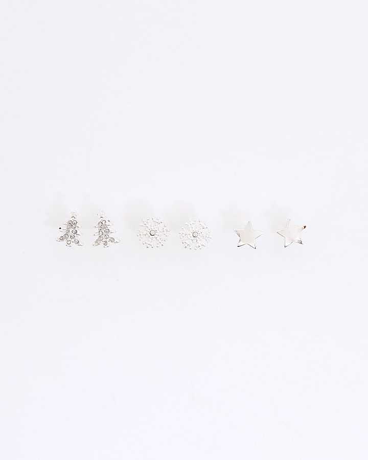 Girls Silver Christmas 3 Pack Stud Earrings