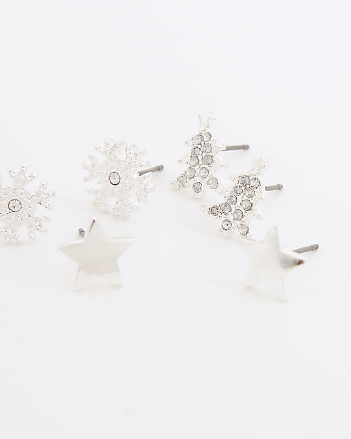 Girls Silver Christmas 3 Pack Stud Earrings