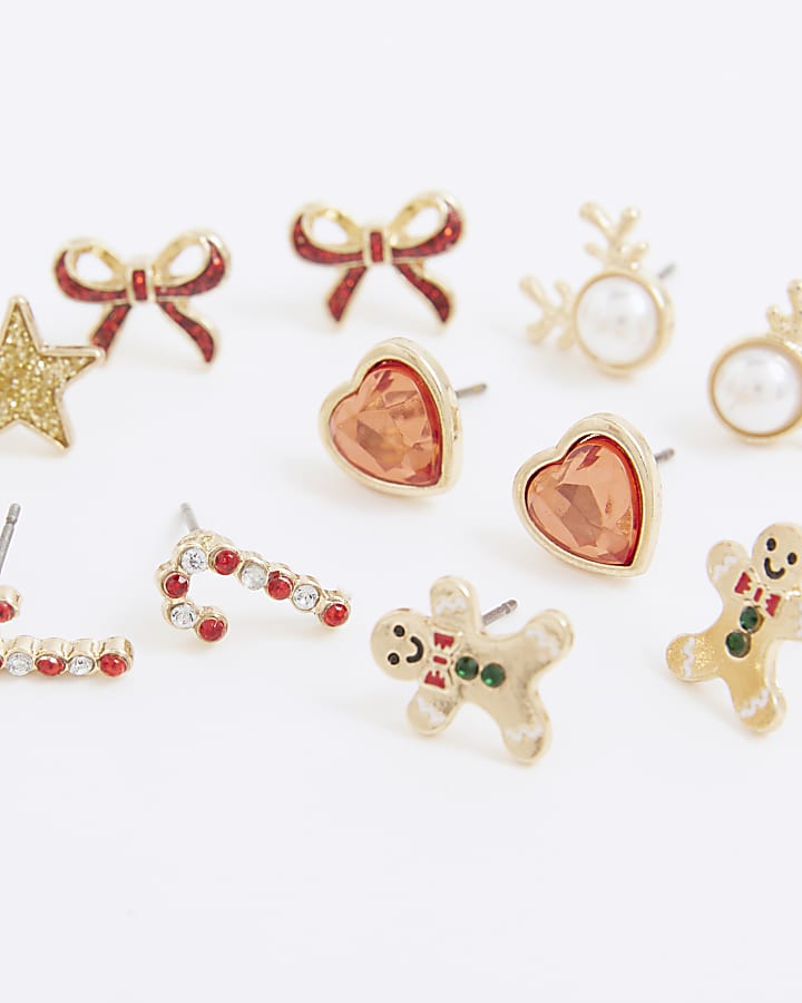Girls Red Christmas Pack Of 3 Stud Earrings