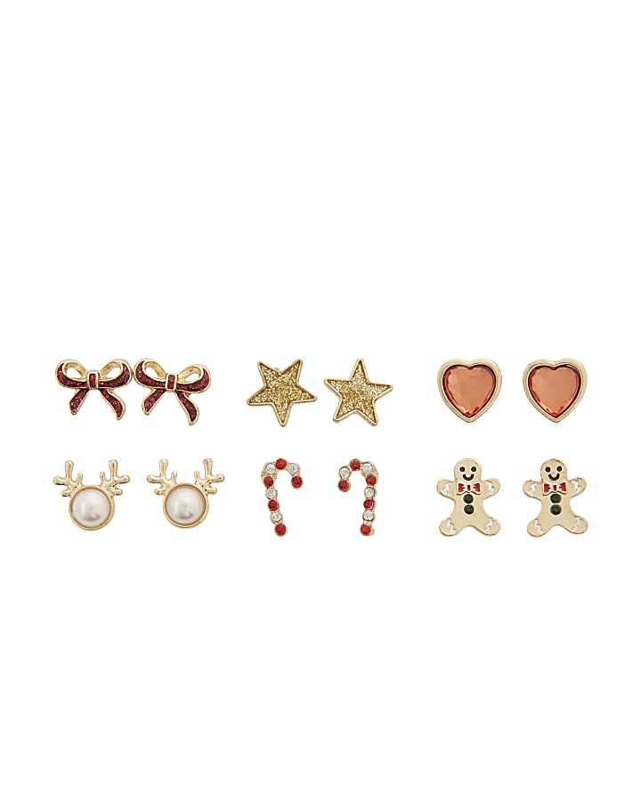 Girls Red Christmas Pack Of 3 Stud Earrings
