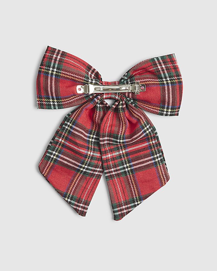 Girls Red Christmas Tartan Bow