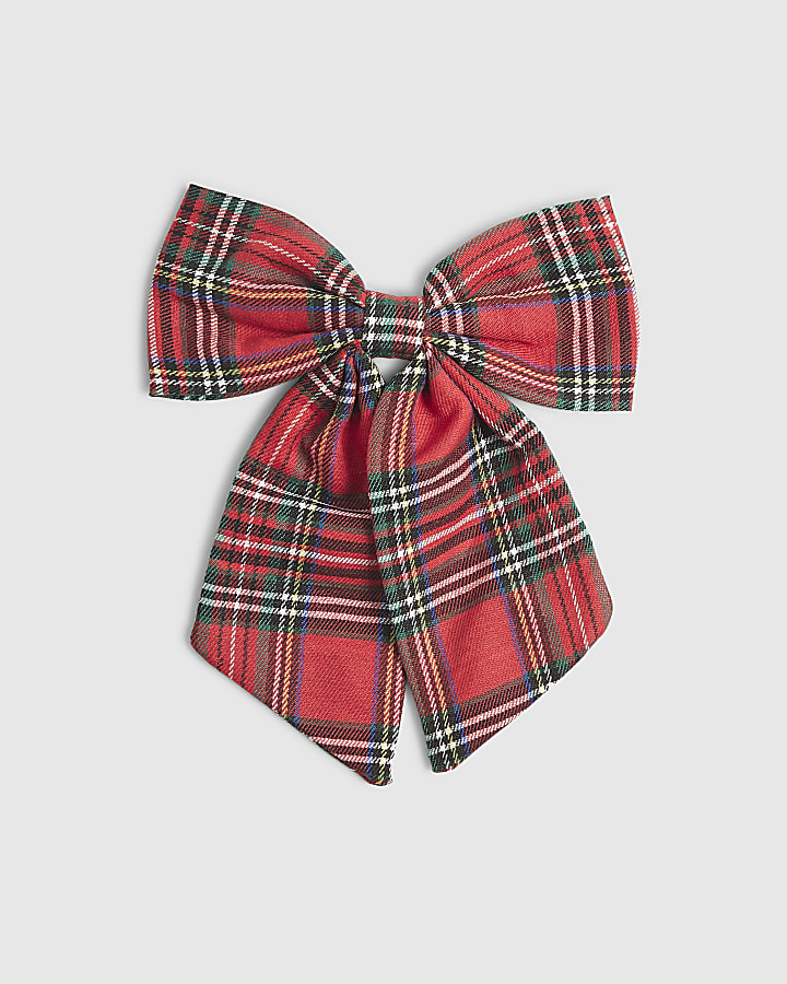 Girls Red Christmas Tartan Bow