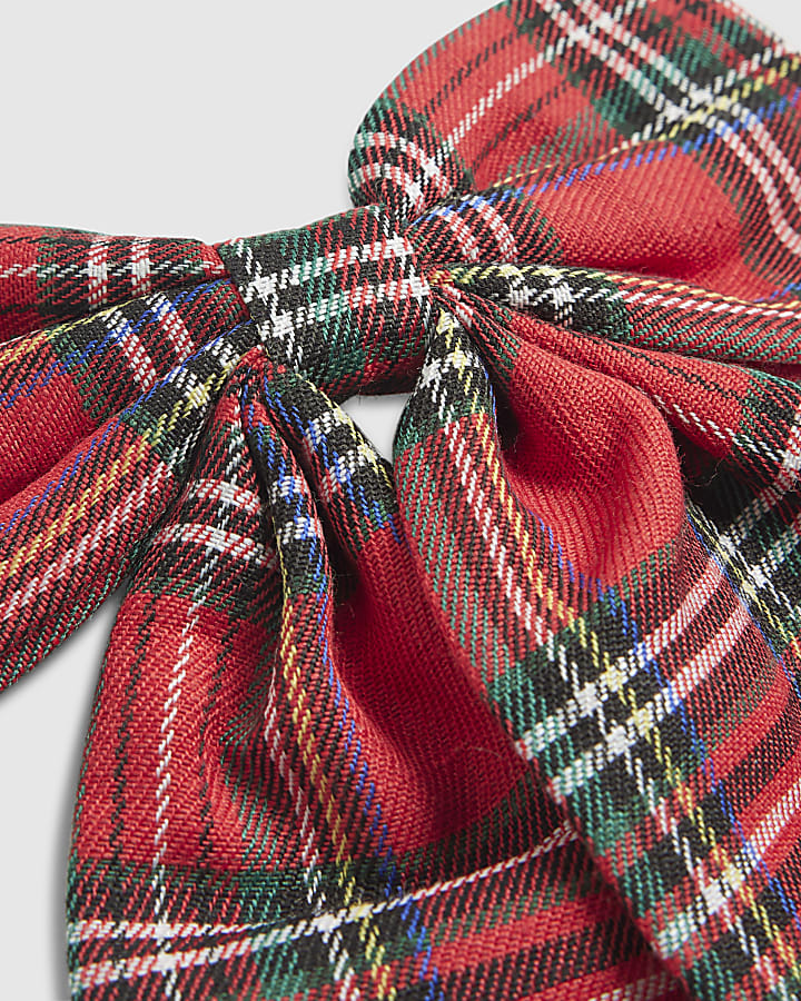 Girls Red Christmas Tartan Bow