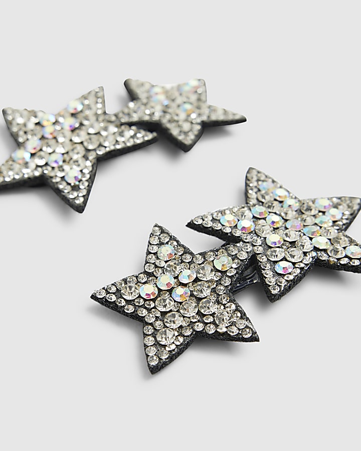 Girls Black And Silver Star Hair Clips